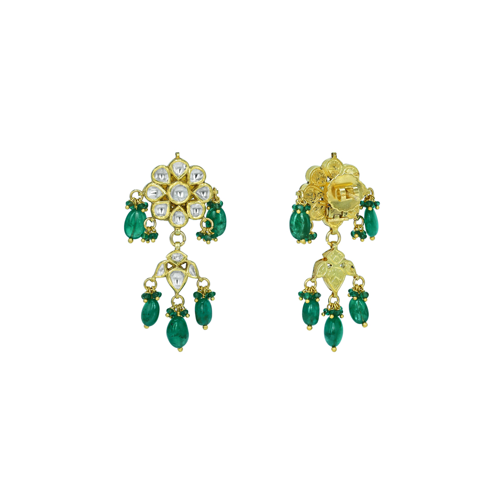 Polki Earrings with Emerald Drops and Intricate Design